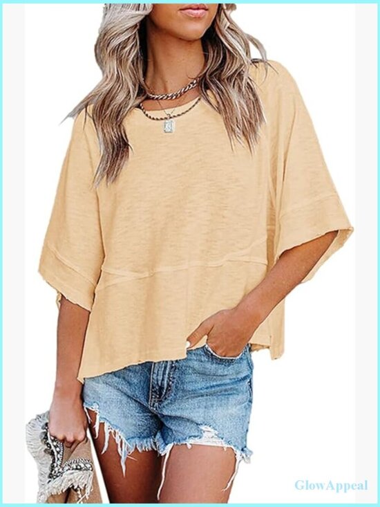 Tops - Cotton Blend Batwing Sleeve Loose Fit T-Shirt for Casual Summer Wear